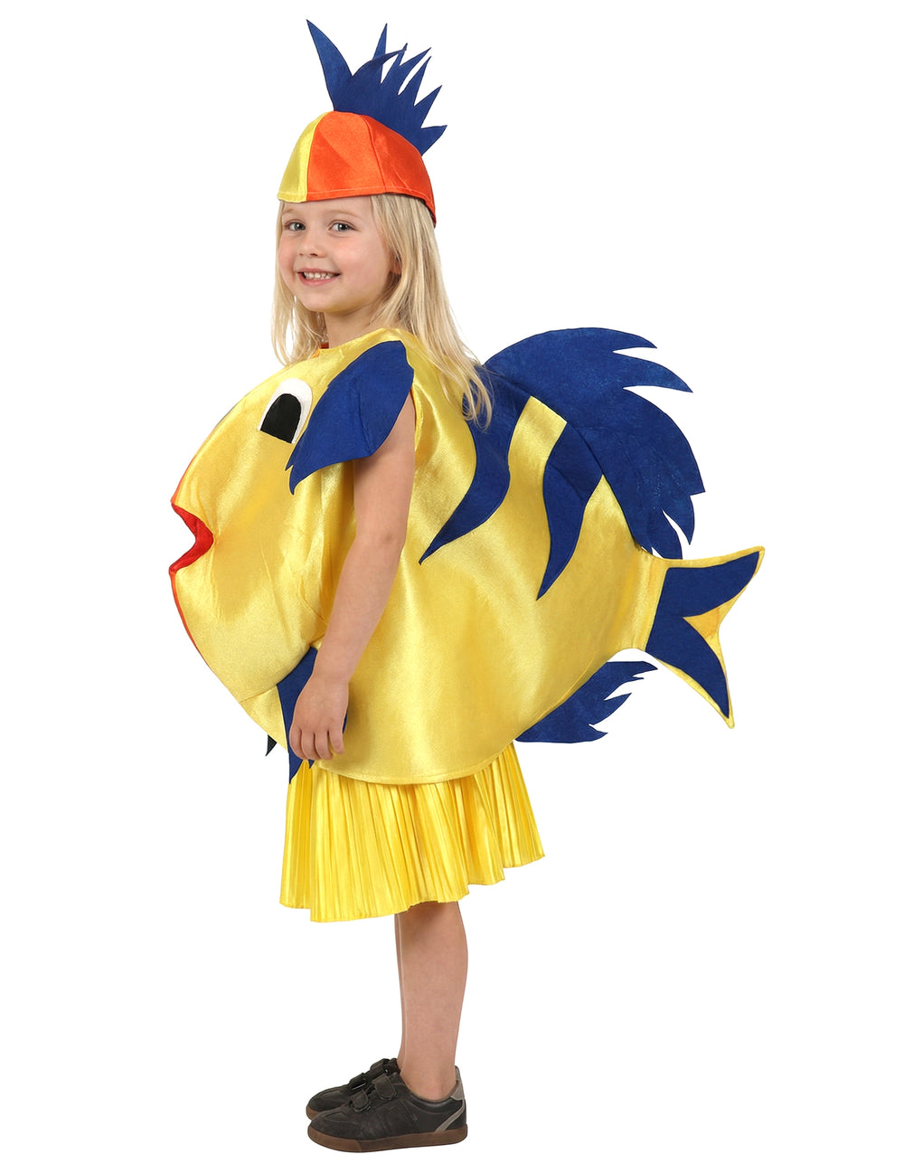 Déguisement de poisson tropical pour enfant jaune et bleu avec coiffe