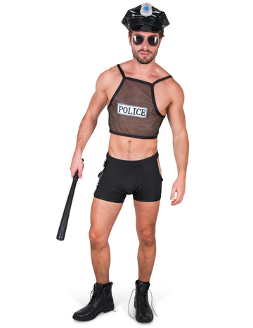 Déguisement policier coquin pour homme noir avec débardeur en résille et casquette