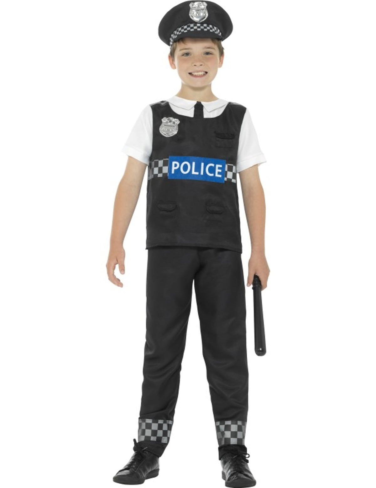Déguisement de policier pour garçon noir et blanc avec casquette et matraque