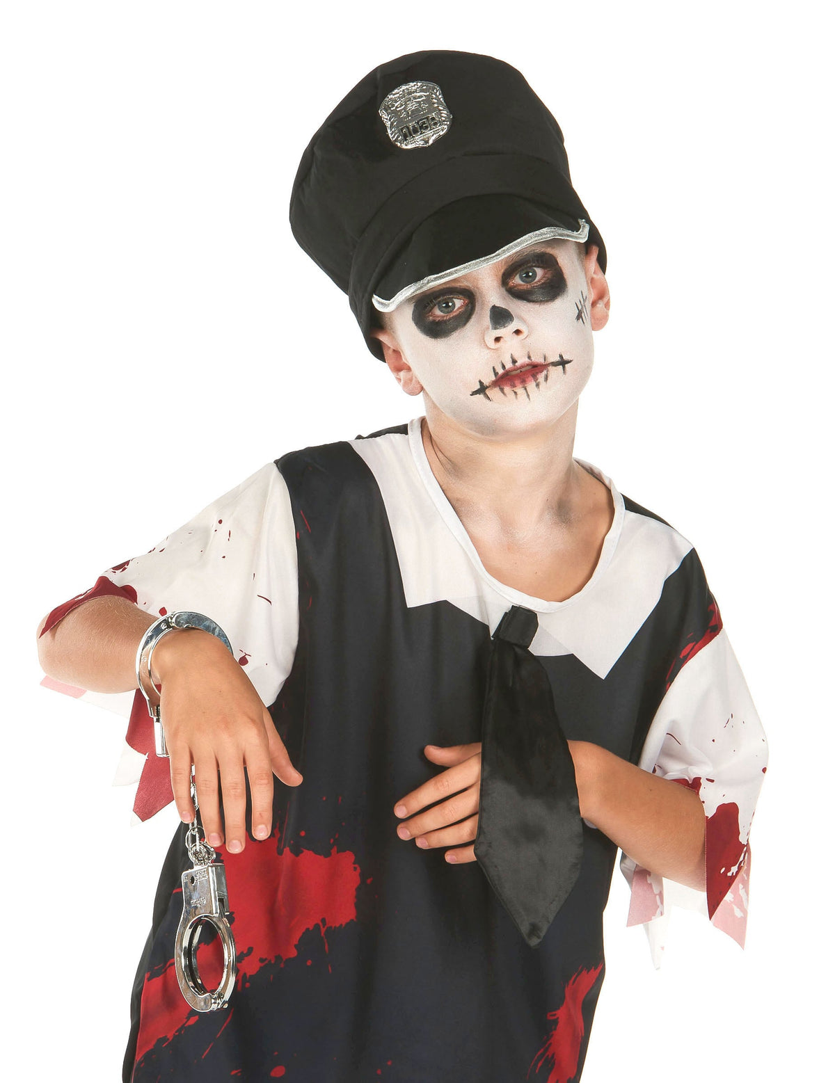 Gros plan sur la casquette et les menottes du déguisement de policier zombie pour enfant