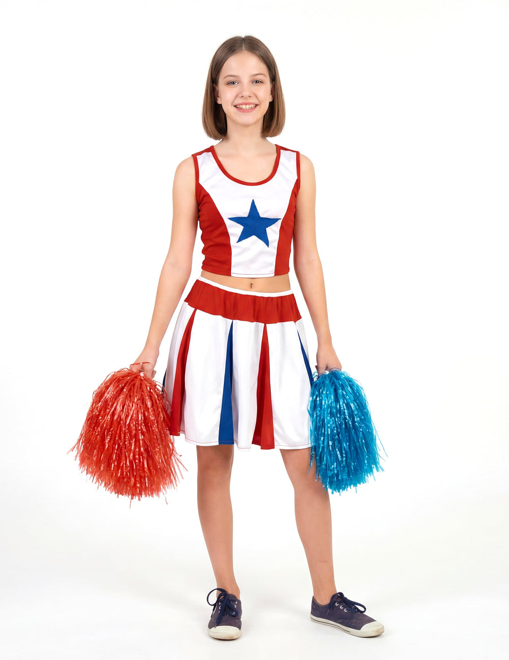 Déguisement de pompom girl étoile pour fille rouge blanc et bleu avec pompons