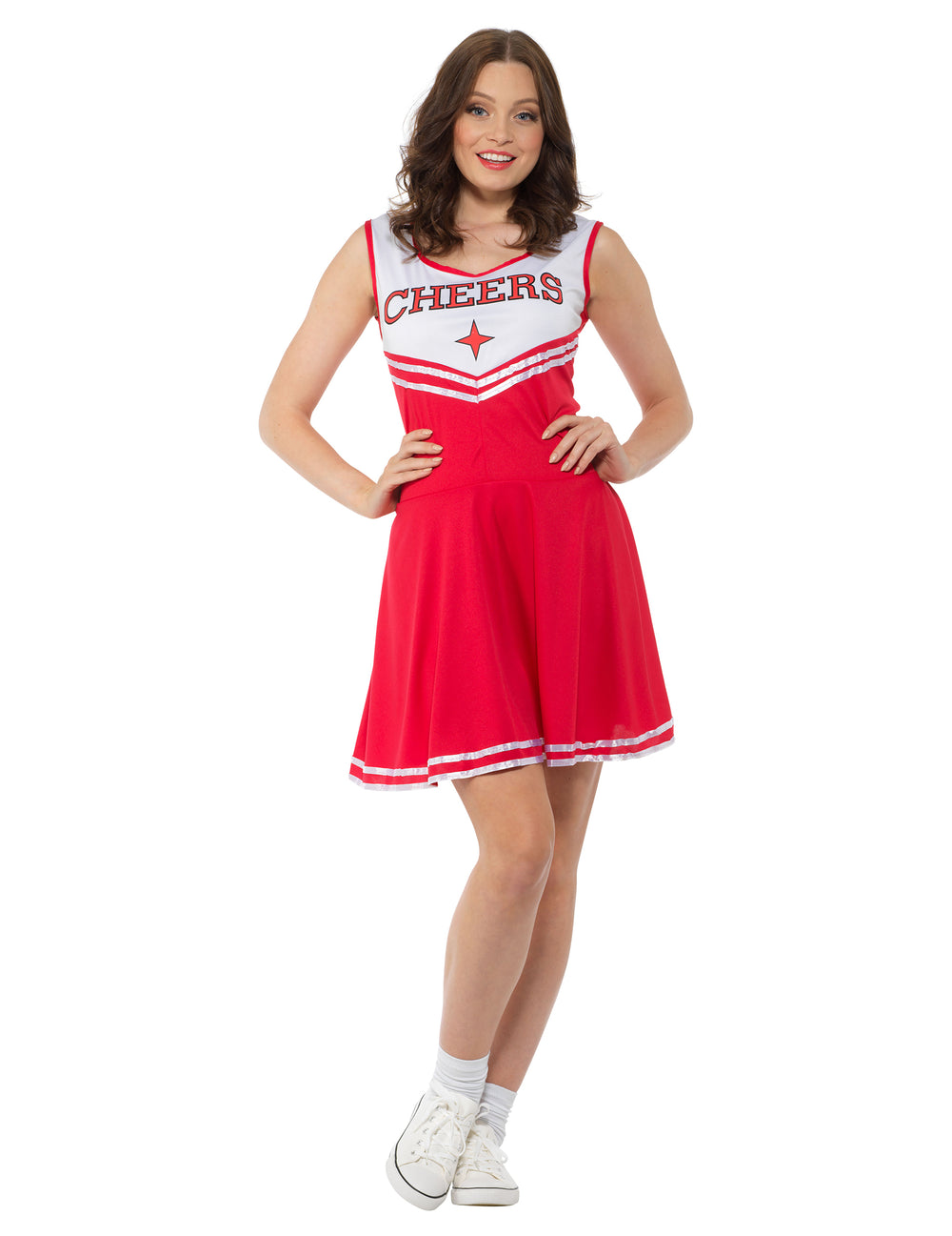 Déguisement pompom girl pour femme rouge avec inscription CHEERS