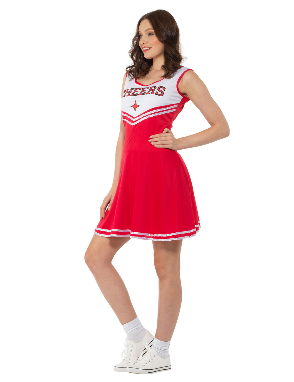 Vue de profil du déguisement pompom girl pour femme rouge avec inscription CHEERS