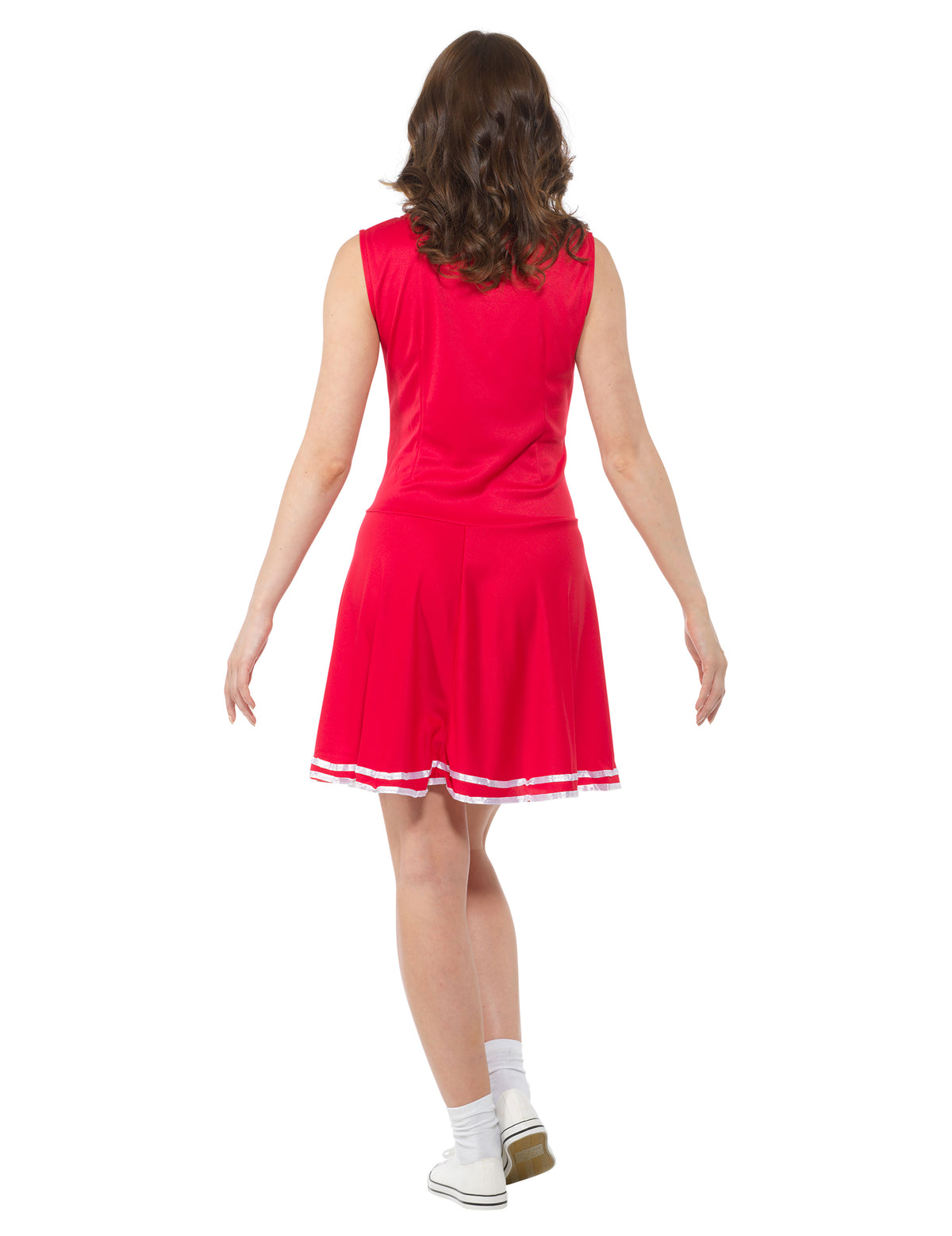 Vue de dos du déguisement pompom girl pour femme rouge avec inscription CHEERS