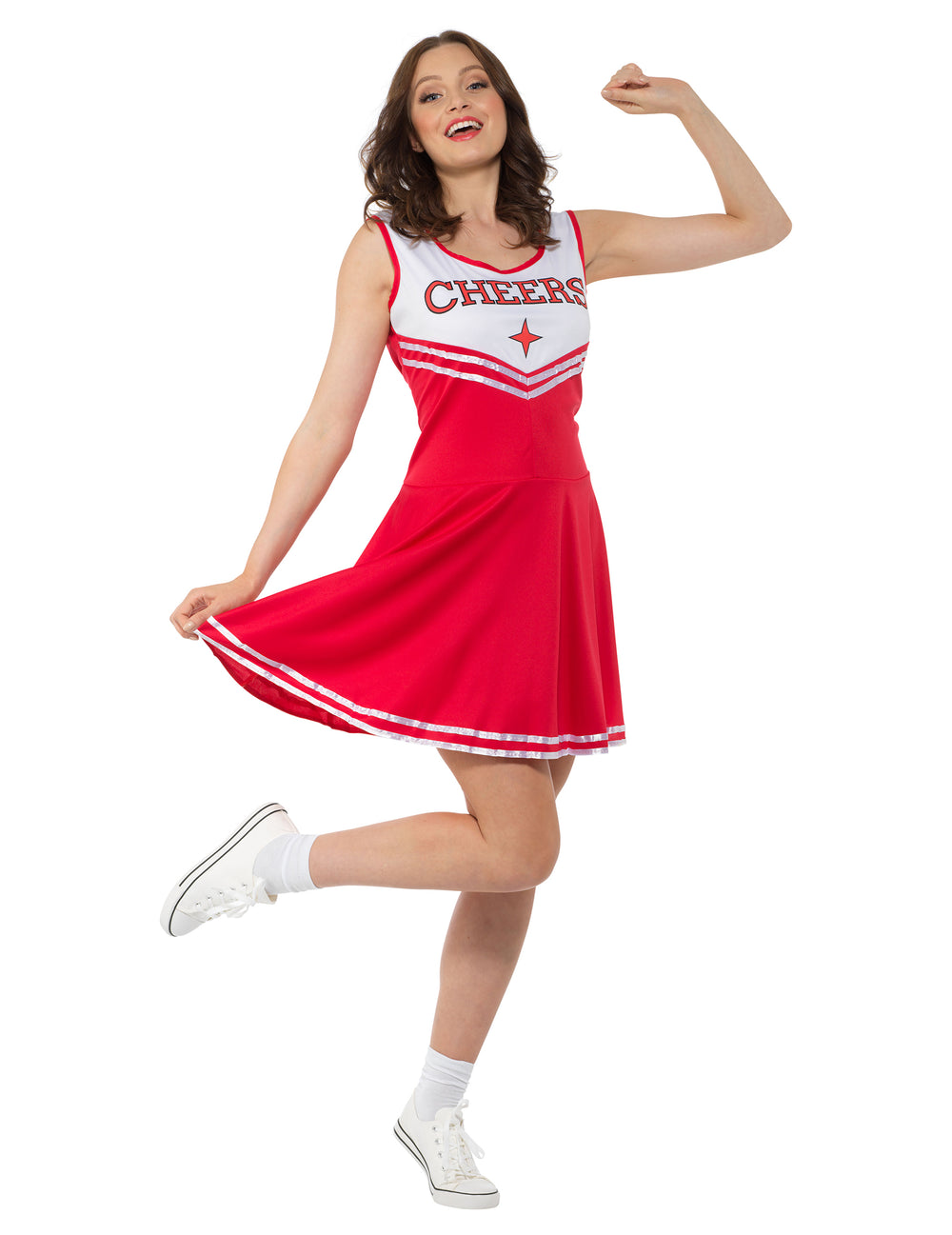 Pose dynamique du déguisement pompom girl pour femme rouge avec inscription CHEERS