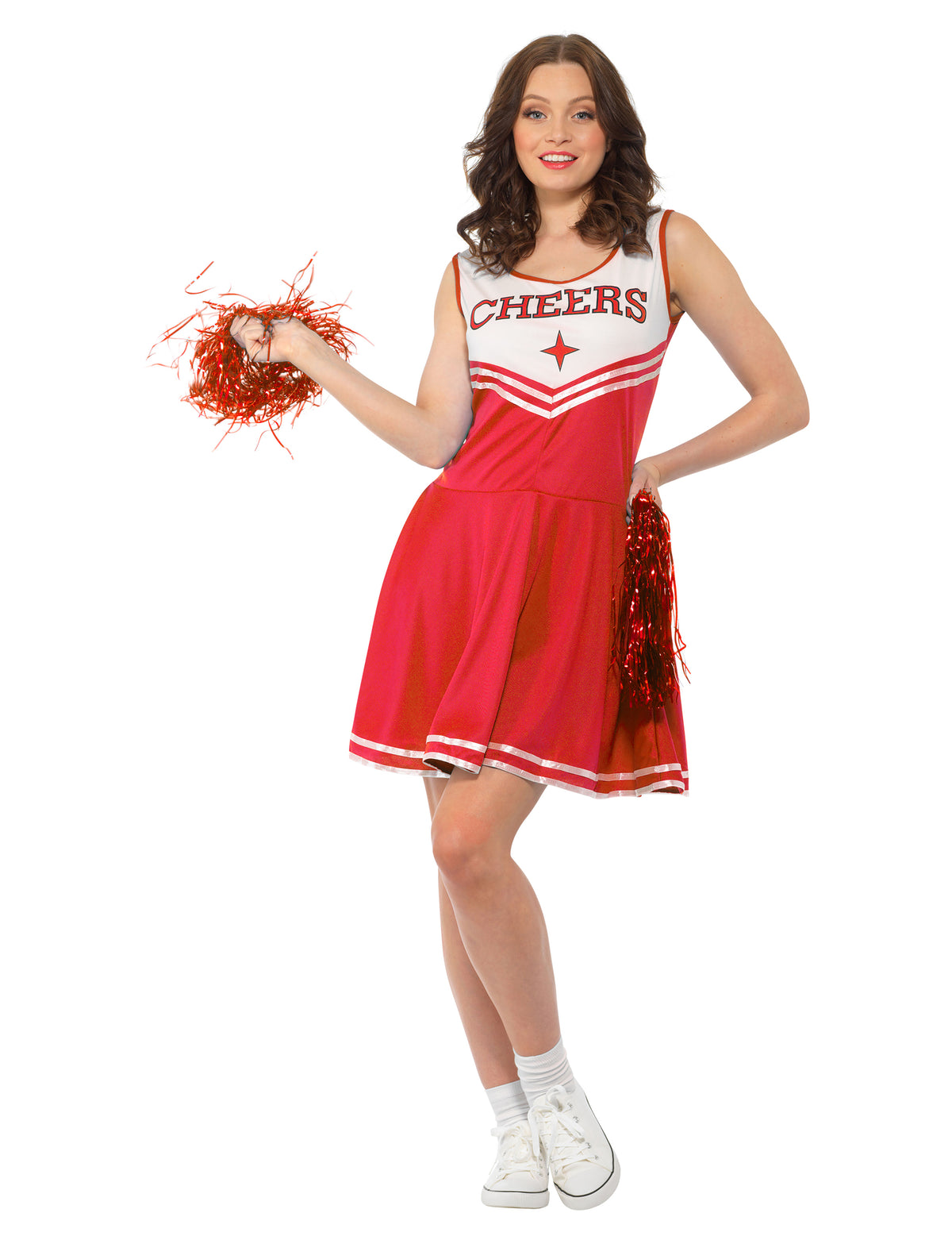 Pompons rouges du déguisement pompom girl pour femme rouge avec inscription CHEERS
