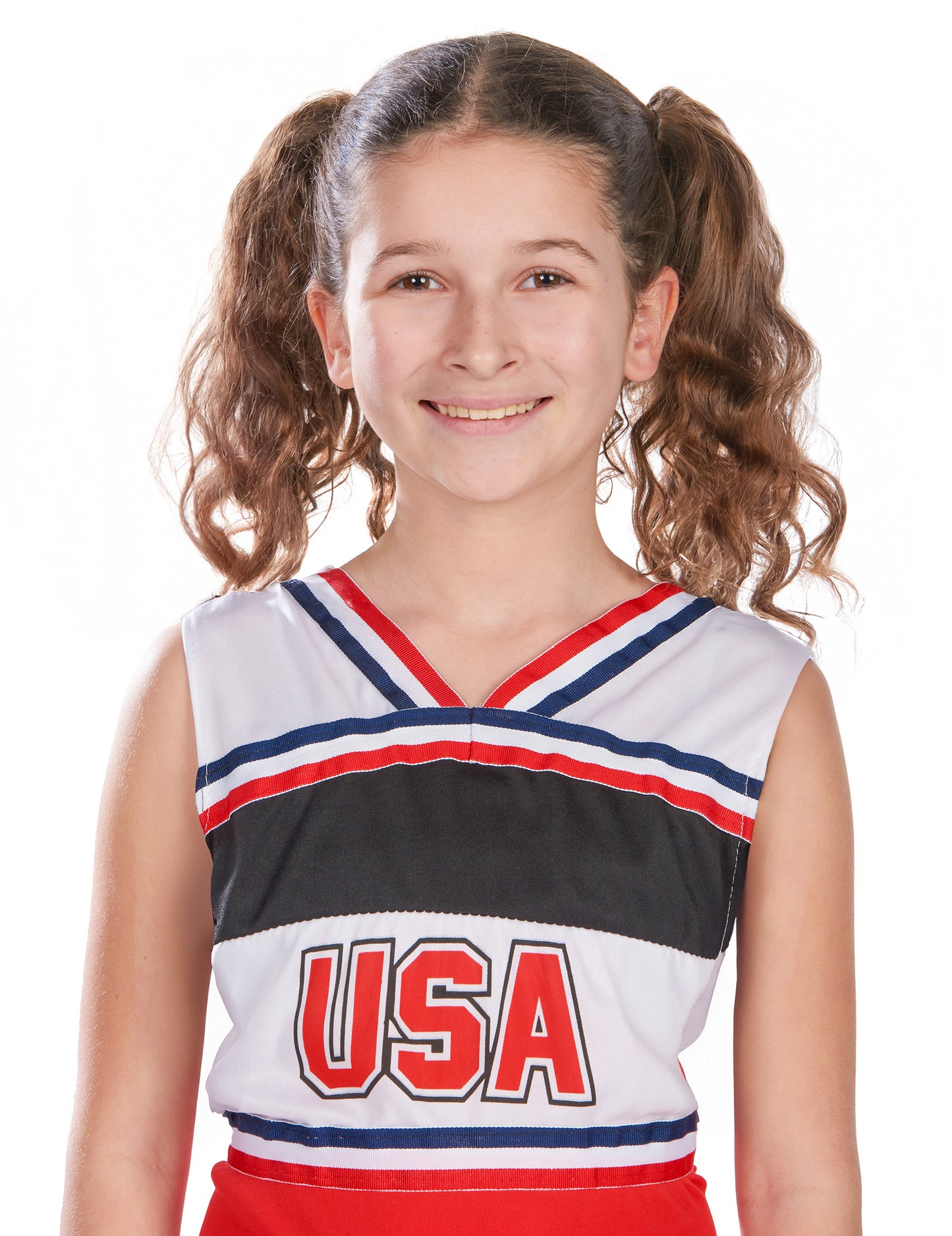 Portrait de face du déguisement pompom girl USA pour fille