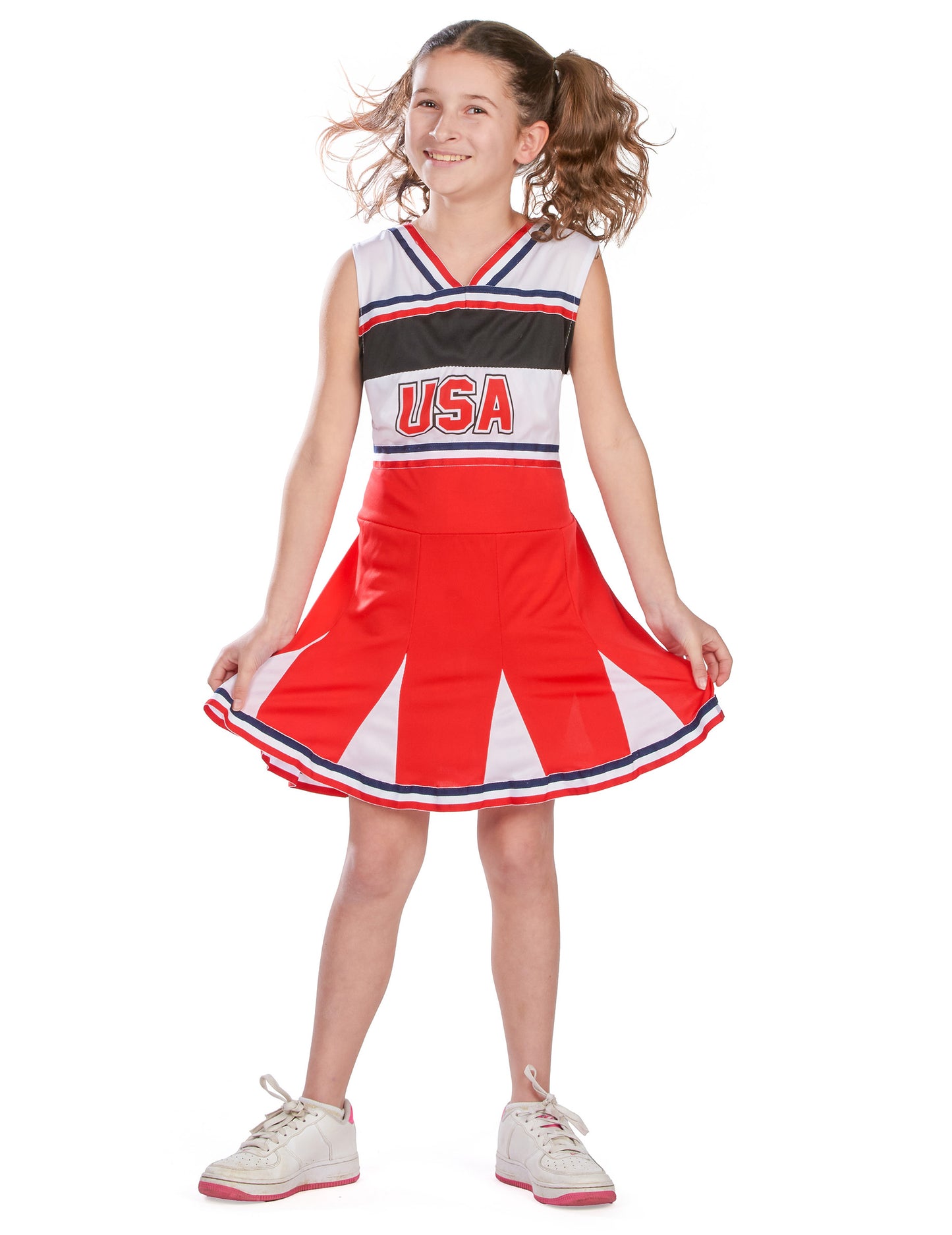Vue de face du déguisement pompom girl USA pour fille