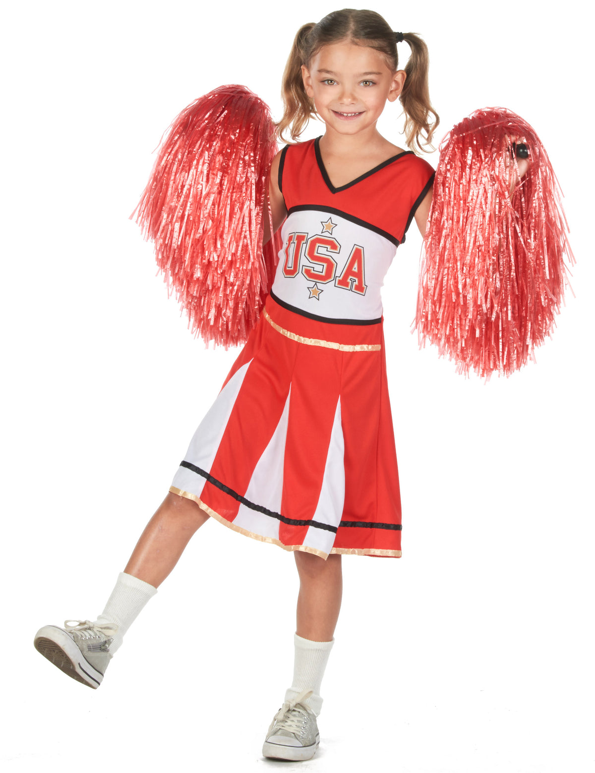 Déguisement pompom girl USA pour fille rouge et blanc avec pompons
