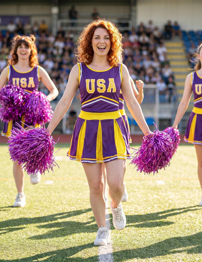 Déguisement pompom girl USA violet et jaune femme