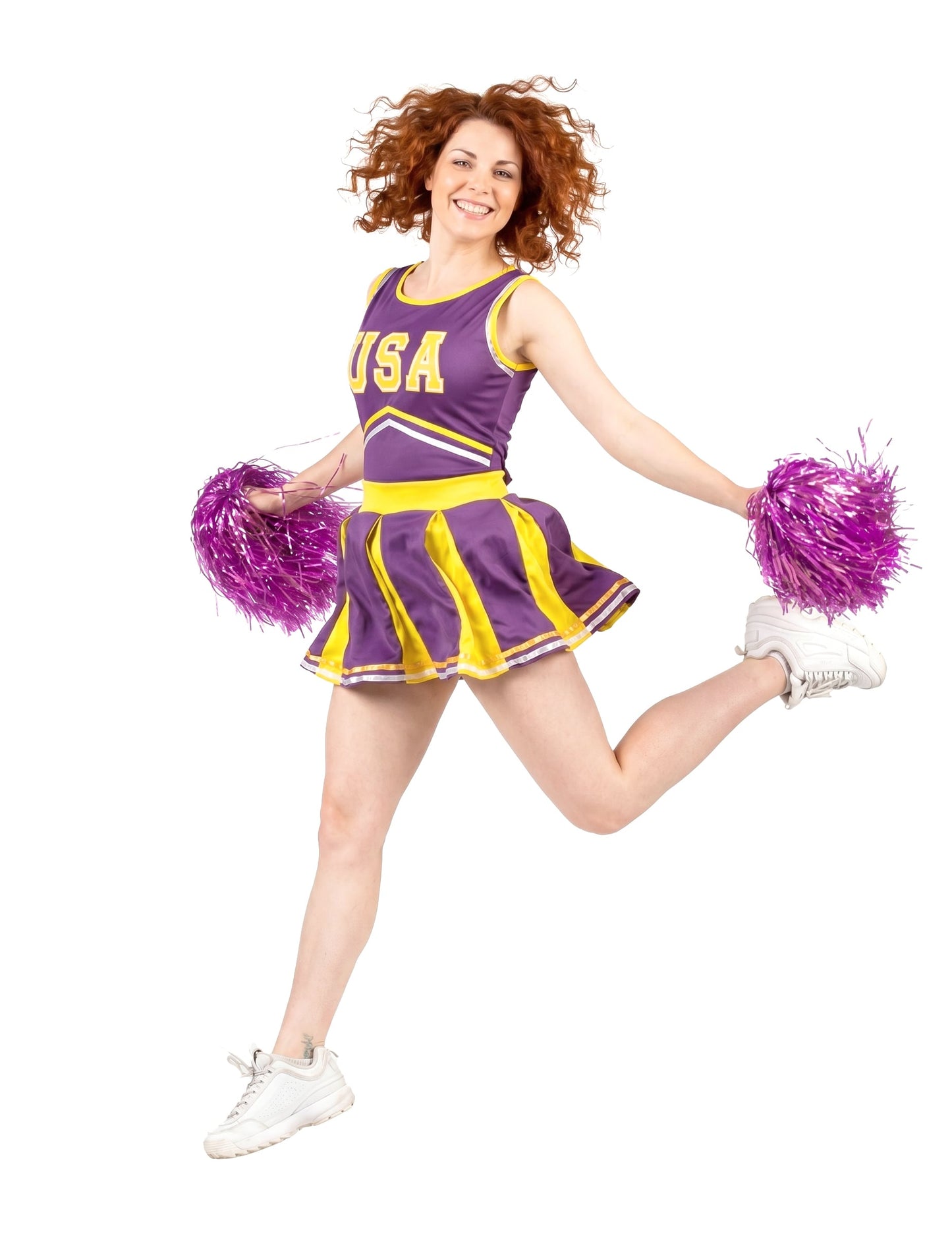 Déguisement pompom girl USA violet et jaune femme
