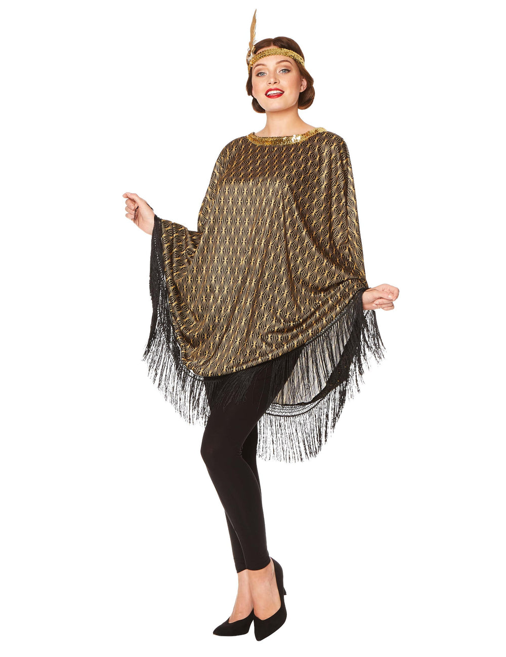 Déguisement poncho charleston pour femme doré et noir à franges