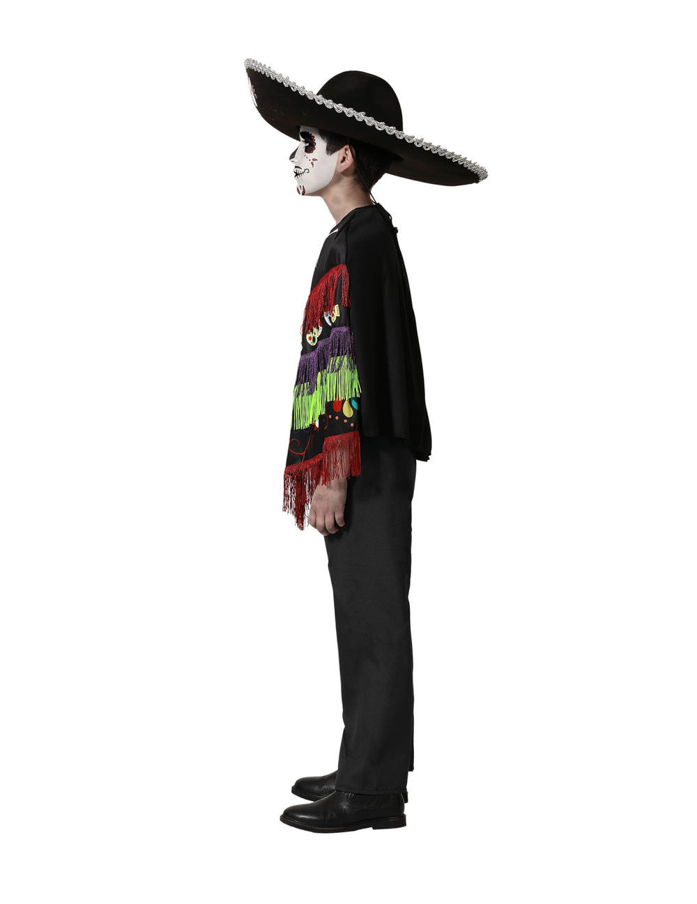 Vue de profil du déguisement poncho squelette Dia de los muertos pour enfant