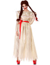 Déguisement de poupée vintage maléfique pour femme blanc cassé avec ceinture et rubans rouges