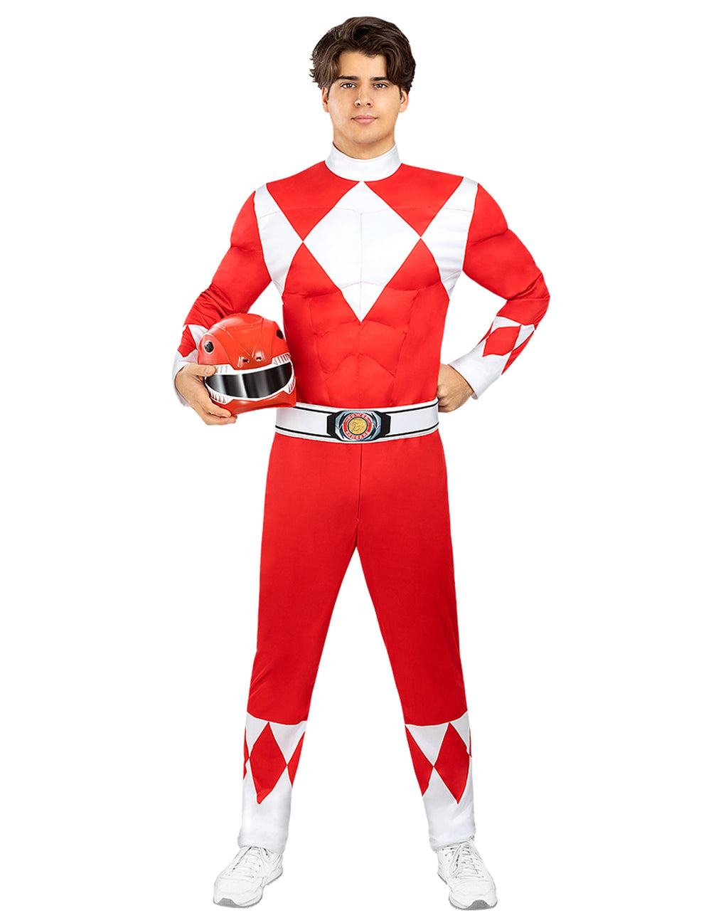 Vue d'ensemble avec casque à la main du déguisement Power Ranger™ rouge
