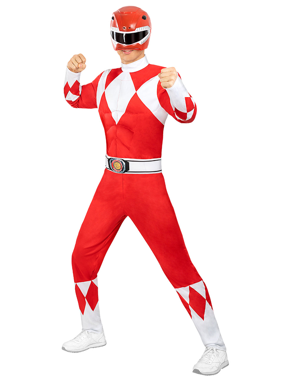 Vue en position de combat du déguisement Power Ranger™ rouge