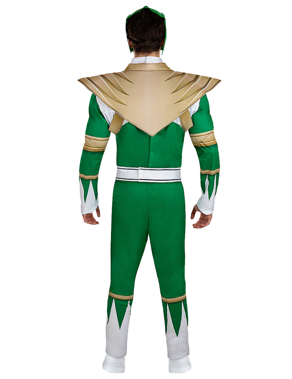 Déguisement Power Ranger vert pour adulte vue de dos avec plastron doré