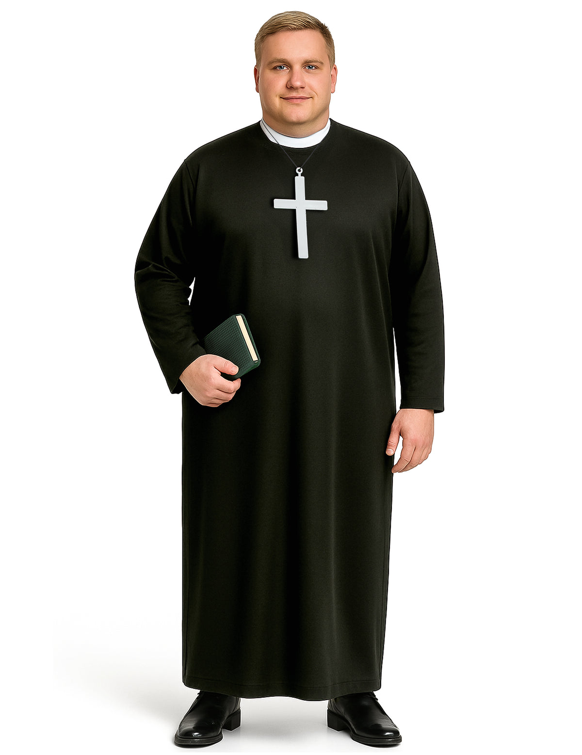 Déguisement de prêtre pour homme noir avec col blanc et grande croix