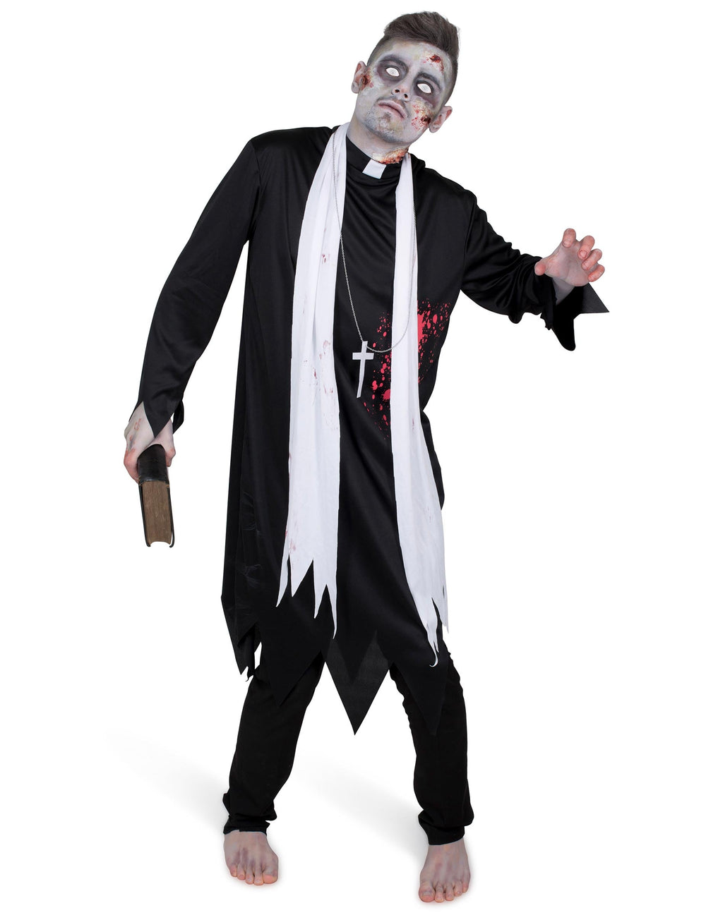 Déguisement prêtre zombifié pour homme noir et blanc ensanglanté avec croix