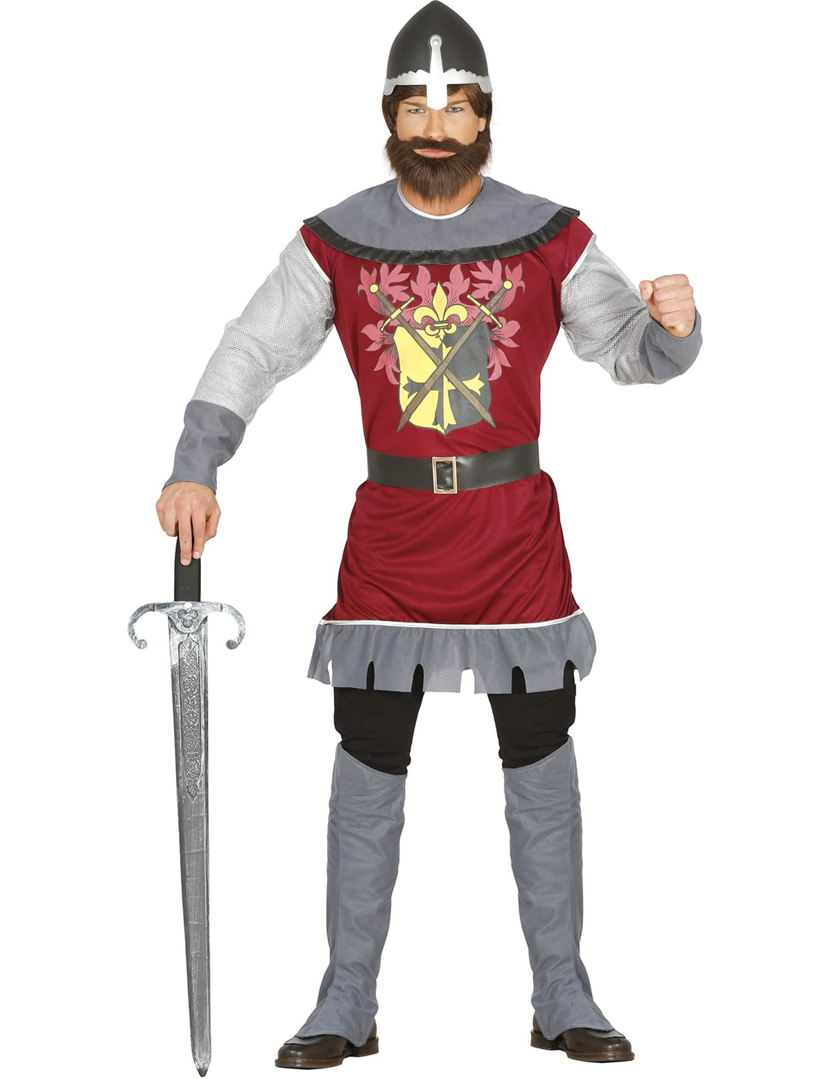 Kostým princa rytiera pre dospelého bordové a sivá s prilbou