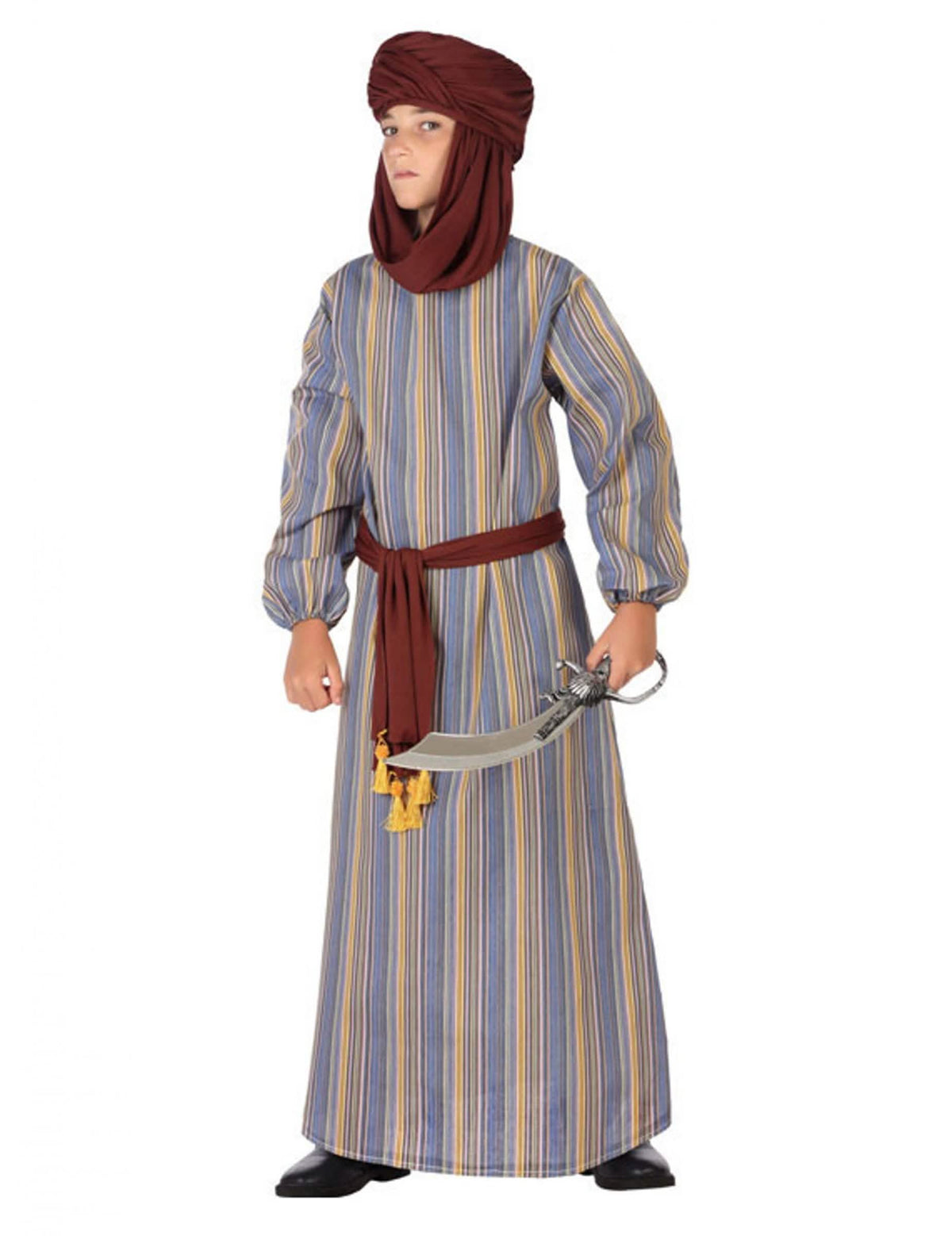 Kostým princa z Arábie pre chlapec s modrými prúžkami a bordovým turbanom