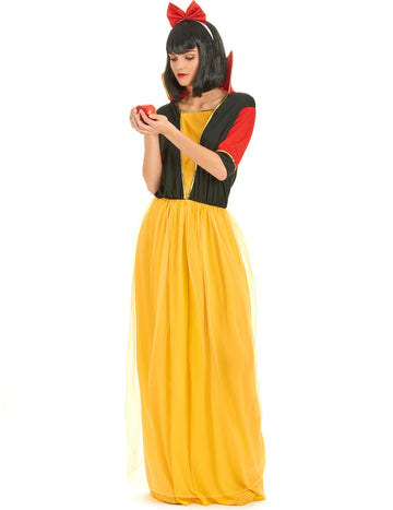 Déguisement de princesse conte de fées pour femme jaune et noir avec noeud rouge