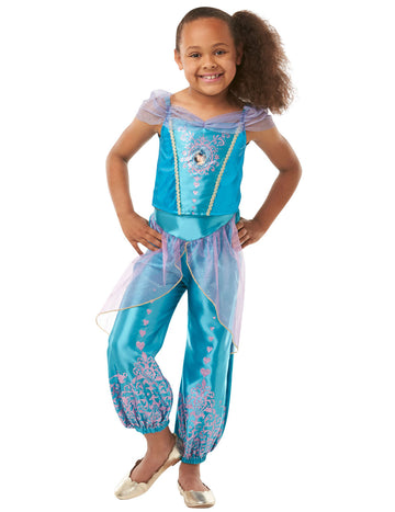 Déguisement princesse Jasmine pour fille bleu turquoise avec détails roses pailletés