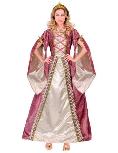 Déguisement de princesse médiévale pour femme rose et blanche avec couronne dorée