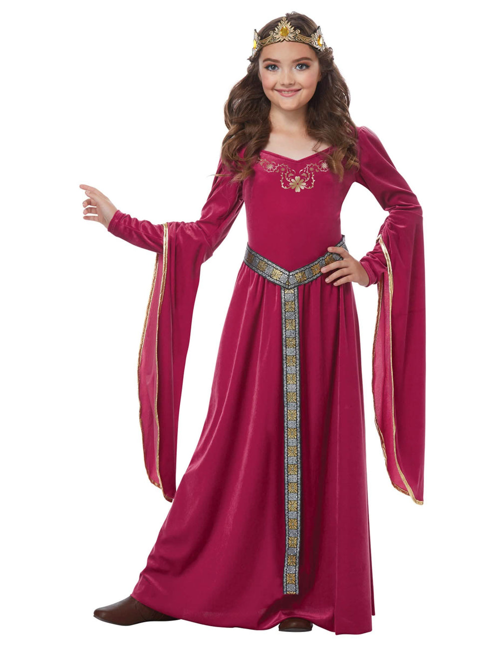 Déguisement de princesse médiévale pour fille rose en velours avec couronne dorée
