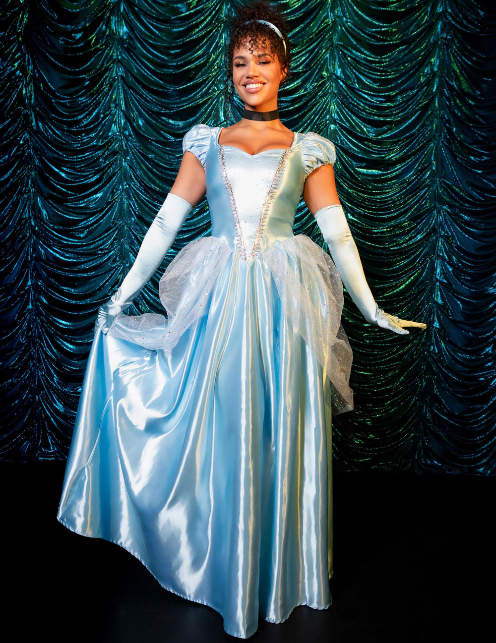 Vue d'ensemble du déguisement de princesse pour femme bleu satiné