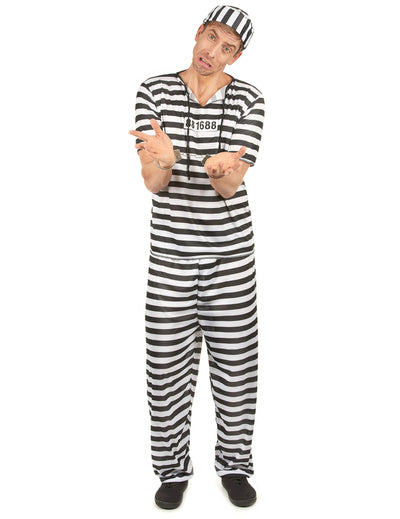 Déguisement de prisonnier pour homme noir et blanc à rayures avec calot