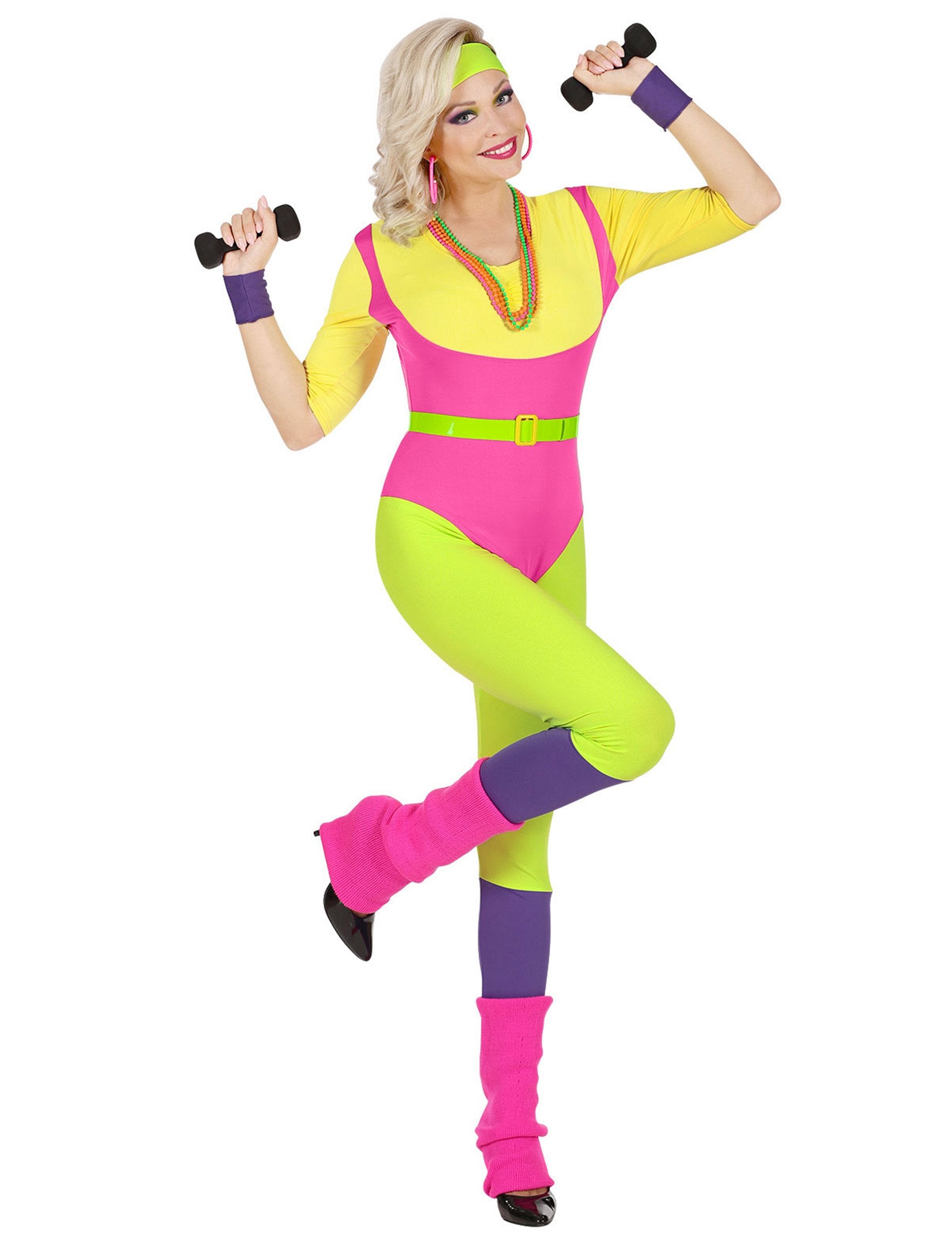Déguisement de prof aérobique années 80 pour femme multicolore néon rose jaune et vert