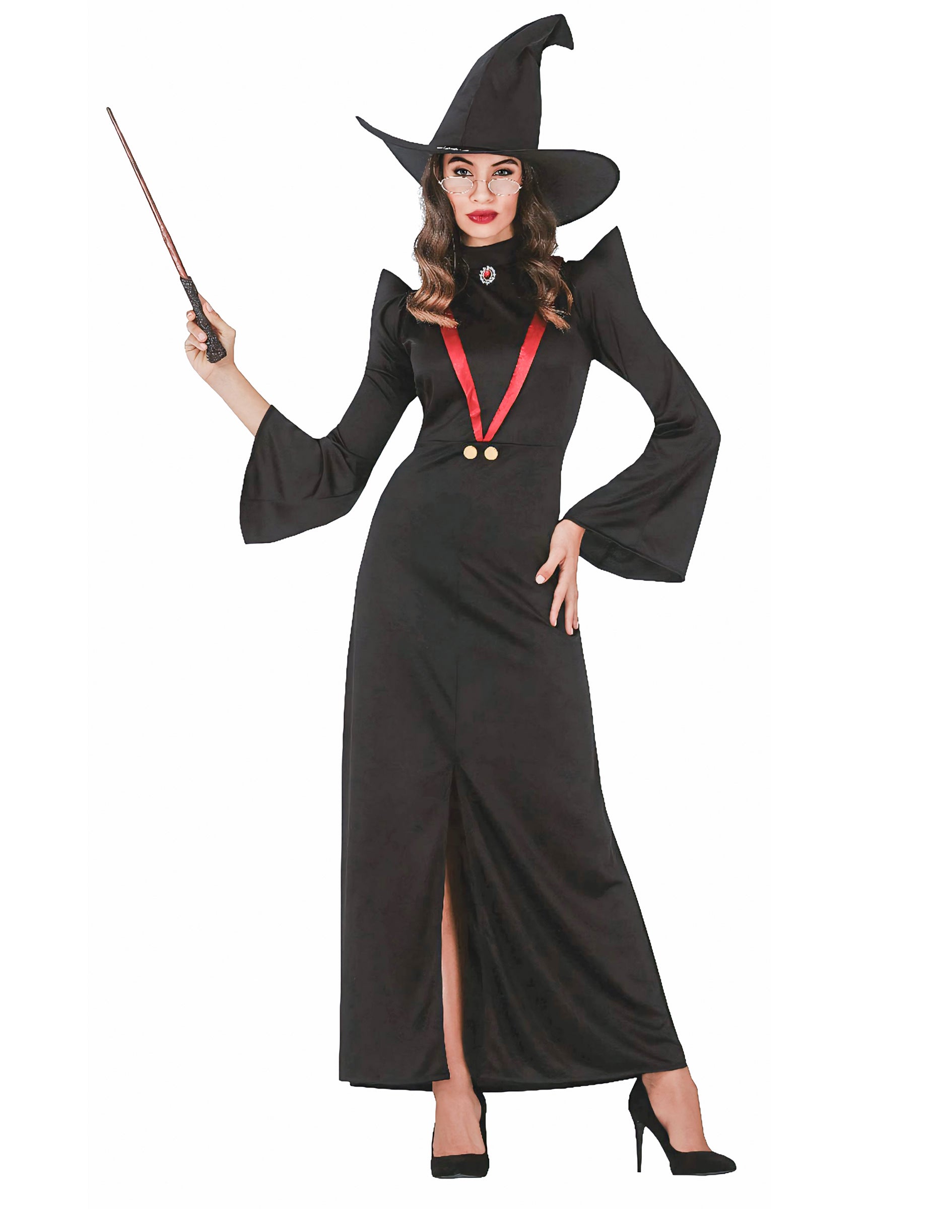 Déguisement professeur de magie pour femme noir avec chapeau et baguette