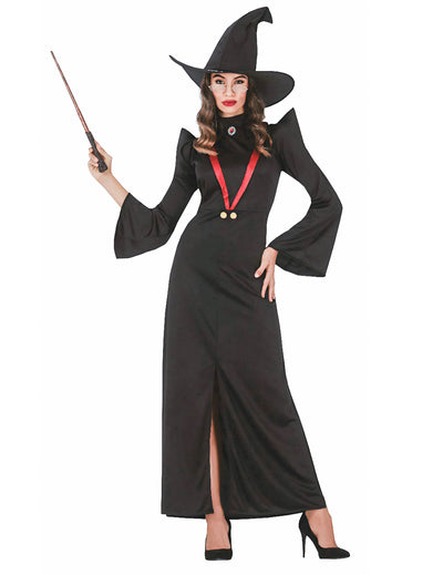 Déguisement professeur de magie pour femme noir avec chapeau et baguette