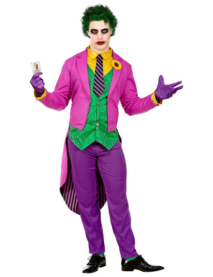 Déguisement psychopathe fou pour homme violet et vert avec veste queue-de-pie