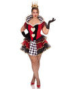 Déguisement de reine de cœur sexy pour femme rouge et noir à damier avec couronne dorée
