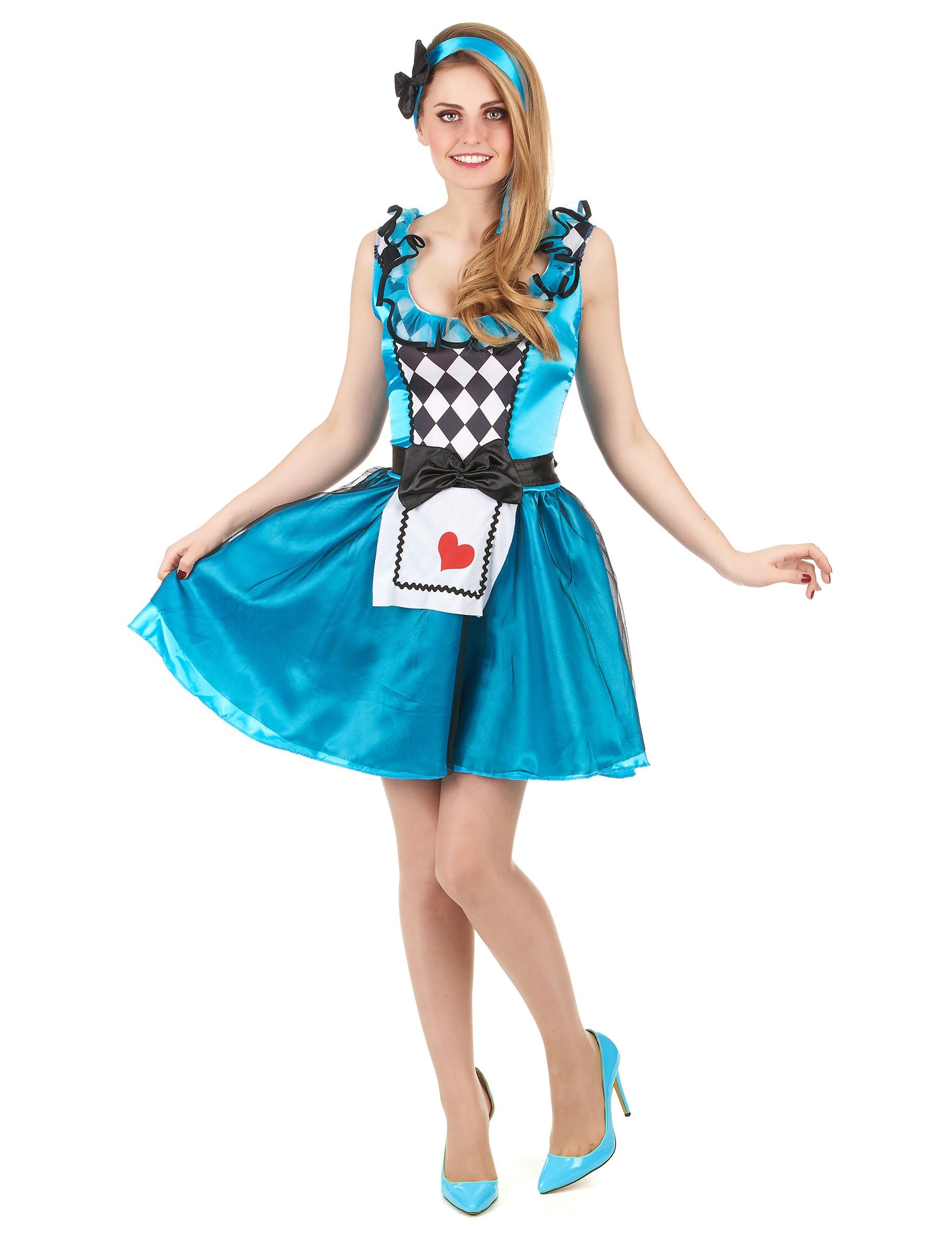 Dizajn Alice v krajine zázrakov pre ženy v modrej farbe s kostýmom s kockovaným zástera a červeným srdcom