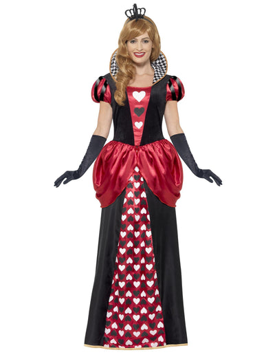 Déguisement reine de coeur pour femme long rouge et noir avec motifs cœurs et couronne