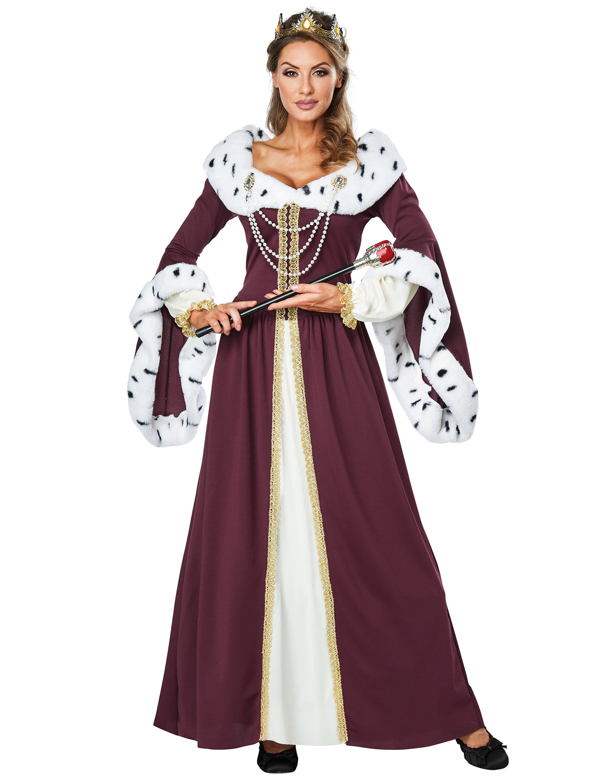 Déguisement de reine de conte de fées luxe pour femme bordeaux et blanc avec couronne