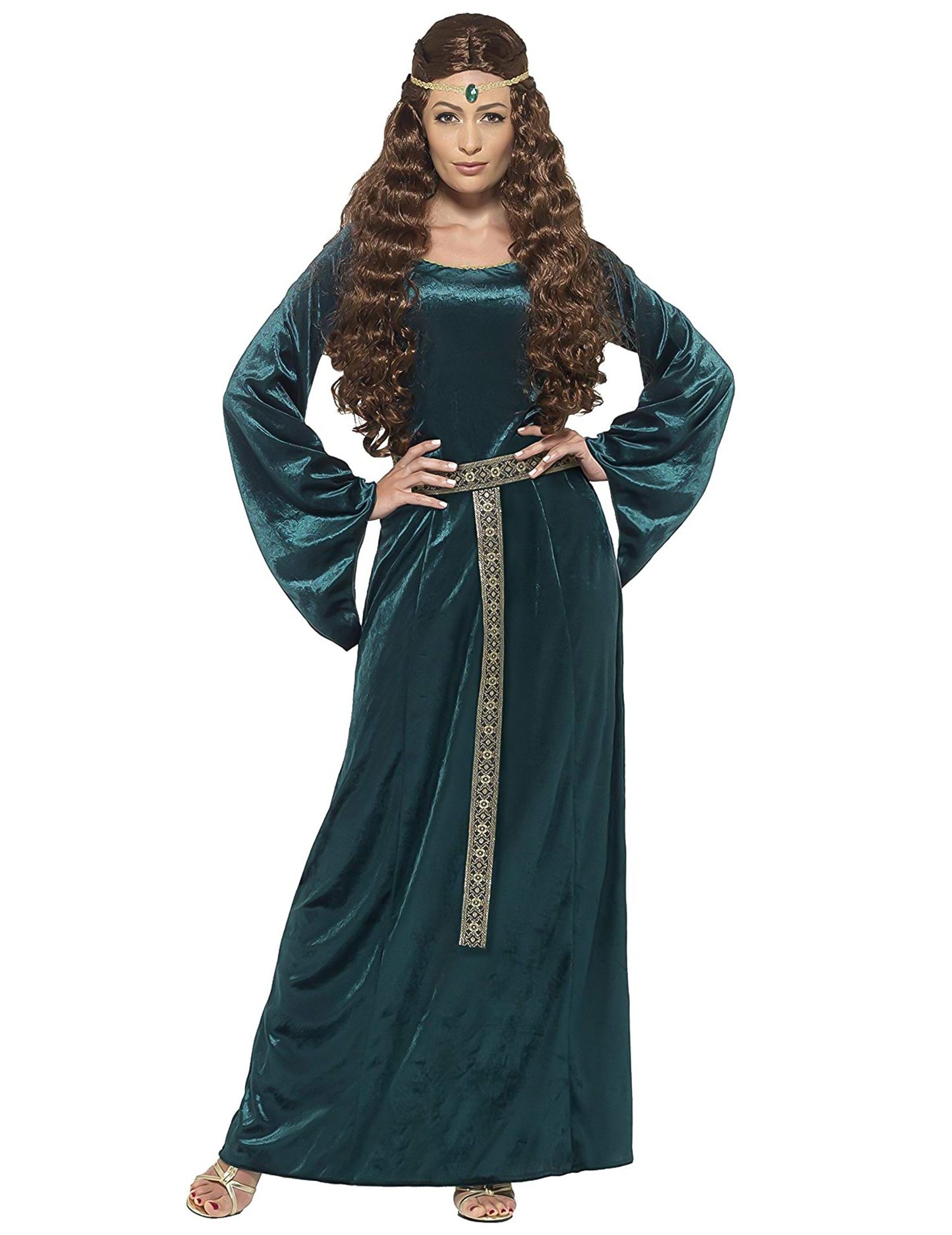 Déguisement de reine médiévale pour femme verte en velours avec ceinture et bandeau dorés