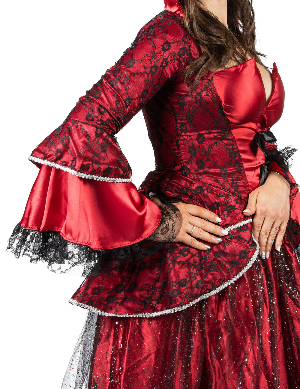 Détail de la manche et du bustier du déguisement de reine vampire luxe pour femme