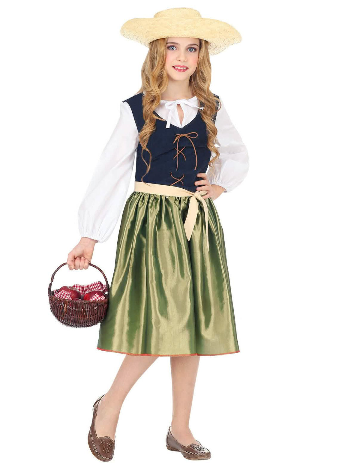 Renesančný kostým pre dievča zelená so slameným klobúkom