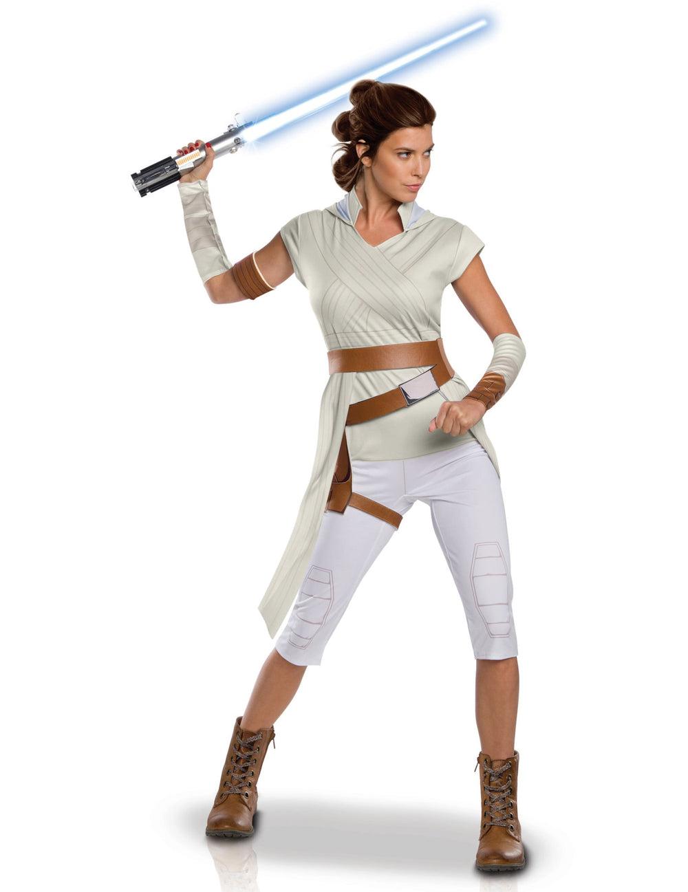 Déguisement Rey Star Wars The Rise of Skywalker pour femme beige et blanc avec sabre laser bleu