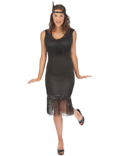Déguisement robe Charleston pour femme noire à franges et sequins