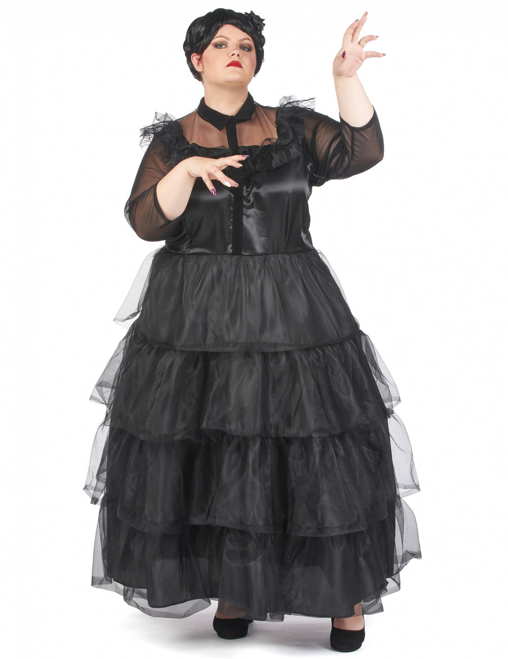 Vue d'ensemble avec mains levées du déguisement robe de bal gothique