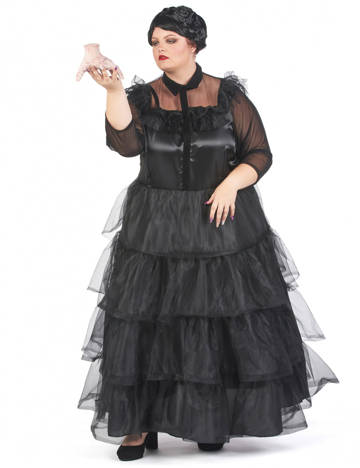 Vue d'ensemble avec la main accessoire du déguisement robe de bal gothique
