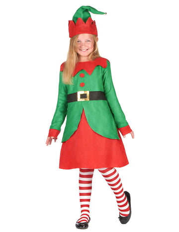 Déguisement robe elfe de Noël pour fille vert et rouge avec bonnet et collants rayés