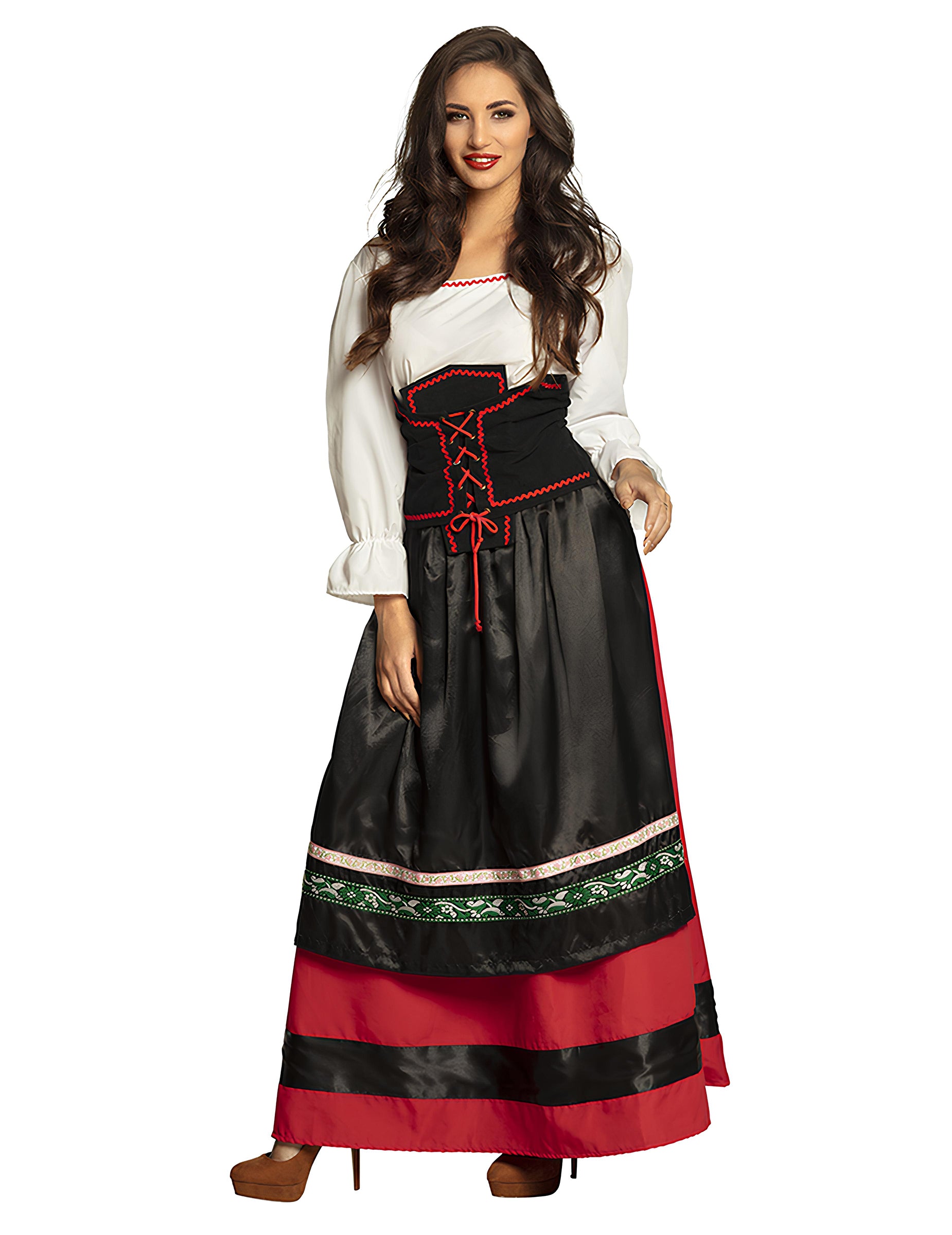 Déguisement robe longue Bavaroise pour femme rouge et noir avec corset à lacets