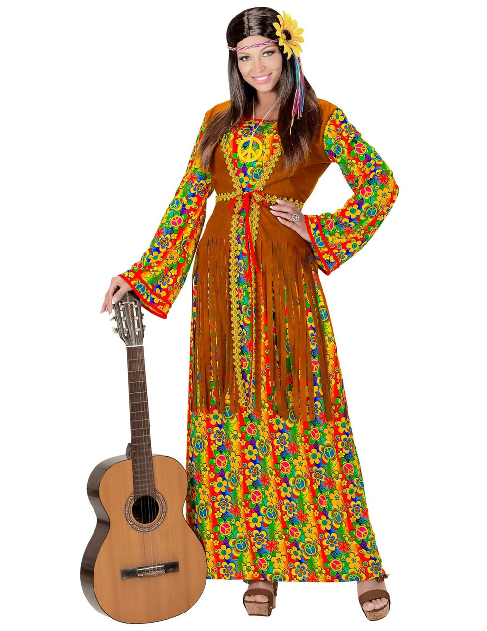 Pohľad spredu s gitarou na dámsky hippie kostým dlhých šiat s strapcami