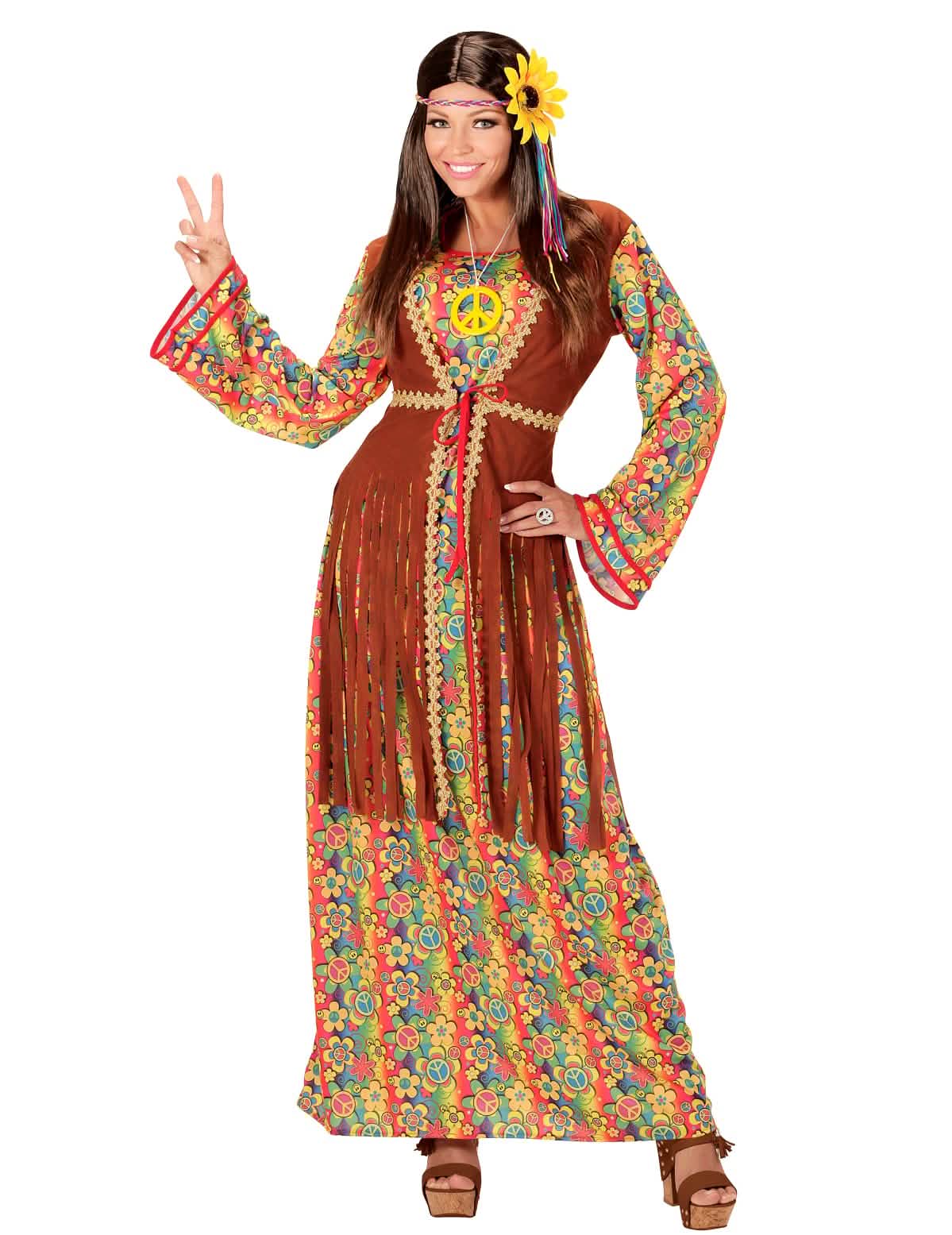 Dlhé hippie šaty s strapcami pre ženu viacfarebné a hnedá